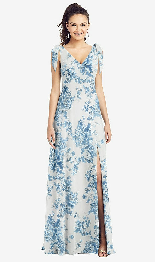 Front View - Cottage Rose Dusk Blue Bow-Shoulder V-Back Chiffon Gown with Front Slit