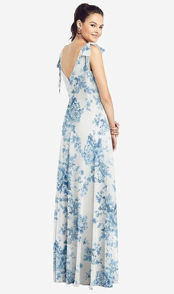Back View - Cottage Rose Dusk Blue Bow-Shoulder V-Back Chiffon Gown with Front Slit
