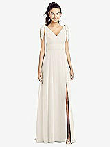 Front View Thumbnail - Ivory Bow-Shoulder V-Back Chiffon Gown with Front Slit