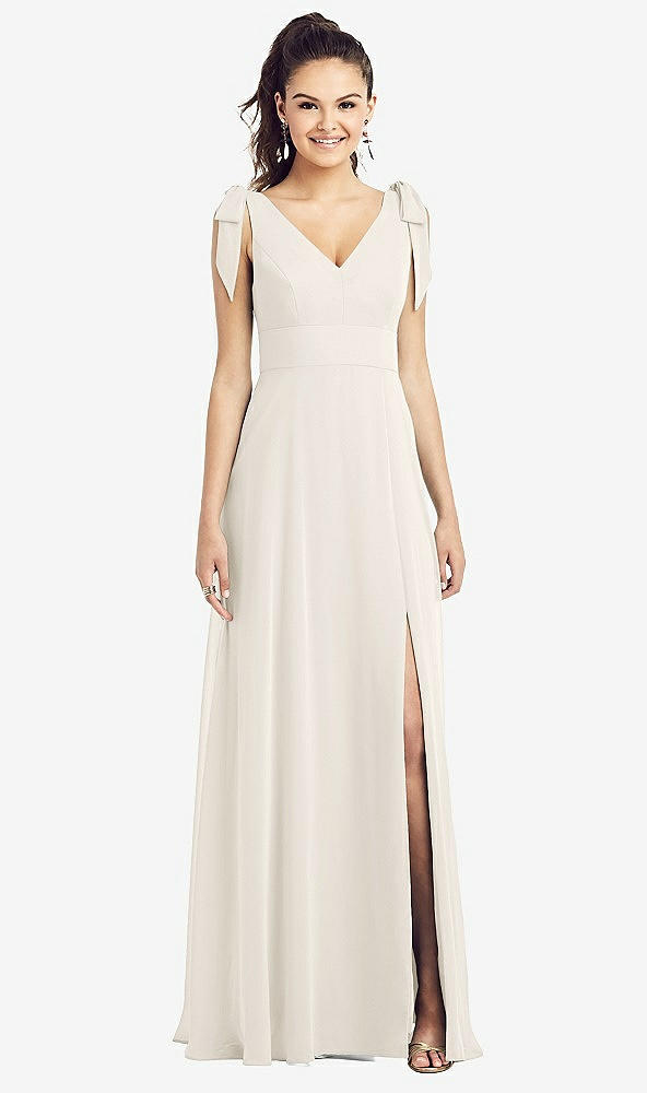 Front View - Ivory Bow-Shoulder V-Back Chiffon Gown with Front Slit