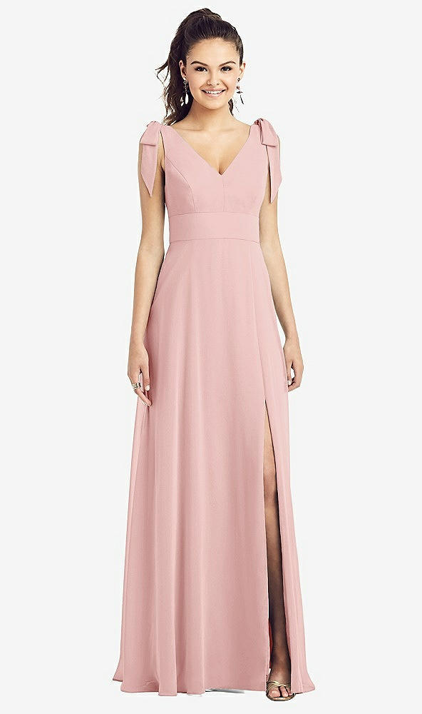 Front View - Rose Bow-Shoulder V-Back Chiffon Gown with Front Slit