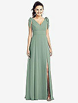 Front View Thumbnail - Seagrass Bow-Shoulder V-Back Chiffon Gown with Front Slit