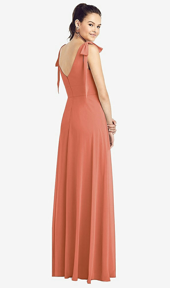 Back View - Terracotta Copper Bow-Shoulder V-Back Chiffon Gown with Front Slit