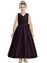 Front View Thumbnail - Deep Plum Faux Wrap Pleated Skirt Satin Twill Flower Girl Dress with Bow