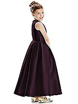 Rear View Thumbnail - Deep Plum Faux Wrap Pleated Skirt Satin Twill Flower Girl Dress with Bow