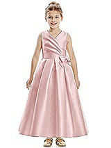 Front View Thumbnail - Ballet Pink Faux Wrap Pleated Skirt Satin Twill Flower Girl Dress with Bow