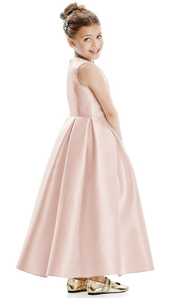 Back View - Blush Faux Wrap Pleated Skirt Satin Twill Flower Girl Dress with Bow
