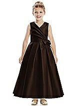 Front View Thumbnail - Espresso Faux Wrap Pleated Skirt Satin Twill Flower Girl Dress with Bow