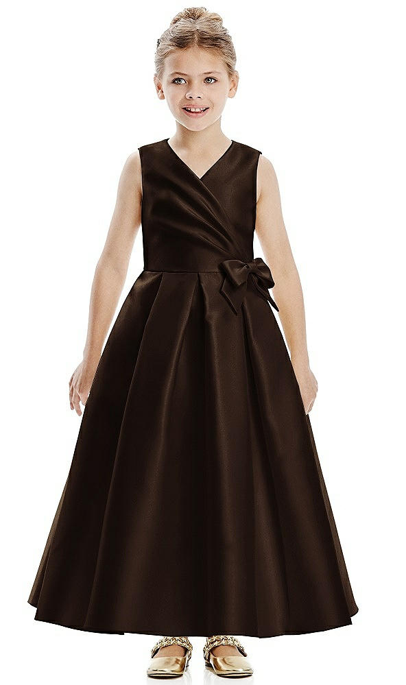 Front View - Espresso Faux Wrap Pleated Skirt Satin Twill Flower Girl Dress with Bow