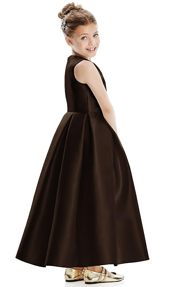 Back View - Espresso Faux Wrap Pleated Skirt Satin Twill Flower Girl Dress with Bow