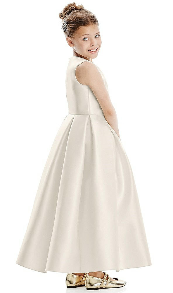 Back View - Ivory Faux Wrap Pleated Skirt Satin Twill Flower Girl Dress with Bow