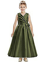 Front View Thumbnail - Olive Green Faux Wrap Pleated Skirt Satin Twill Flower Girl Dress with Bow