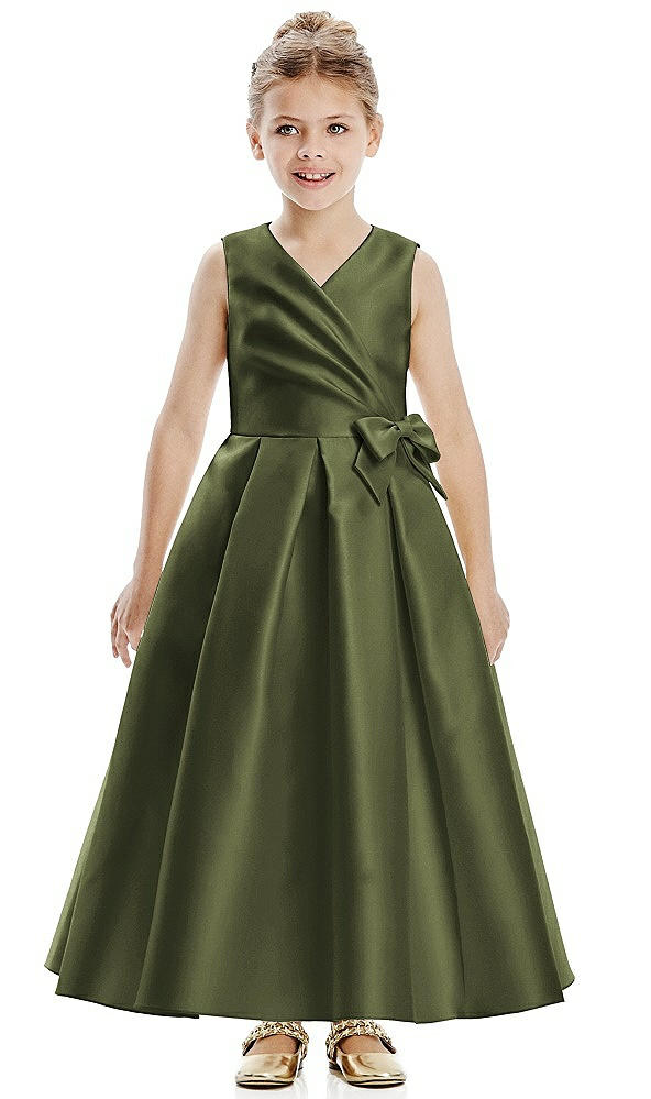 Front View - Olive Green Faux Wrap Pleated Skirt Satin Twill Flower Girl Dress with Bow