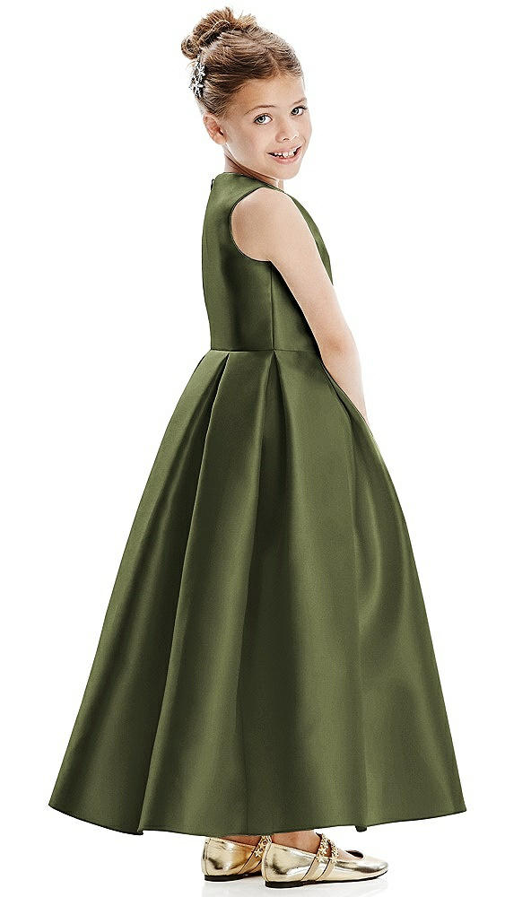 Back View - Olive Green Faux Wrap Pleated Skirt Satin Twill Flower Girl Dress with Bow