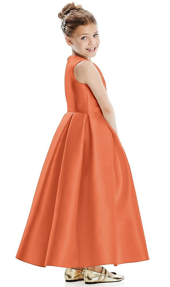 Back View - Portofino Orange Faux Wrap Pleated Skirt Satin Twill Flower Girl Dress with Bow