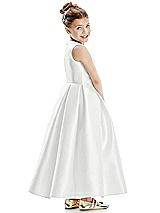 Rear View Thumbnail - White Faux Wrap Pleated Skirt Satin Twill Flower Girl Dress with Bow