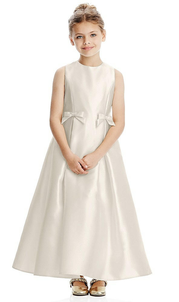 Front View - Ivory Princess Line Satin Twill Flower Girl Dress with Bows