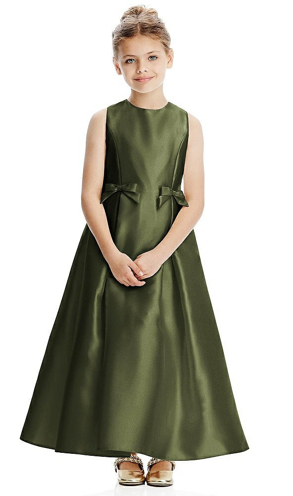 Front View - Olive Green Princess Line Satin Twill Flower Girl Dress with Bows