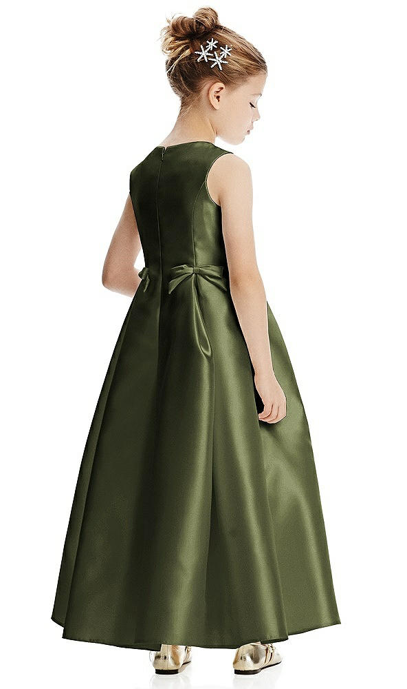 Back View - Olive Green Princess Line Satin Twill Flower Girl Dress with Bows