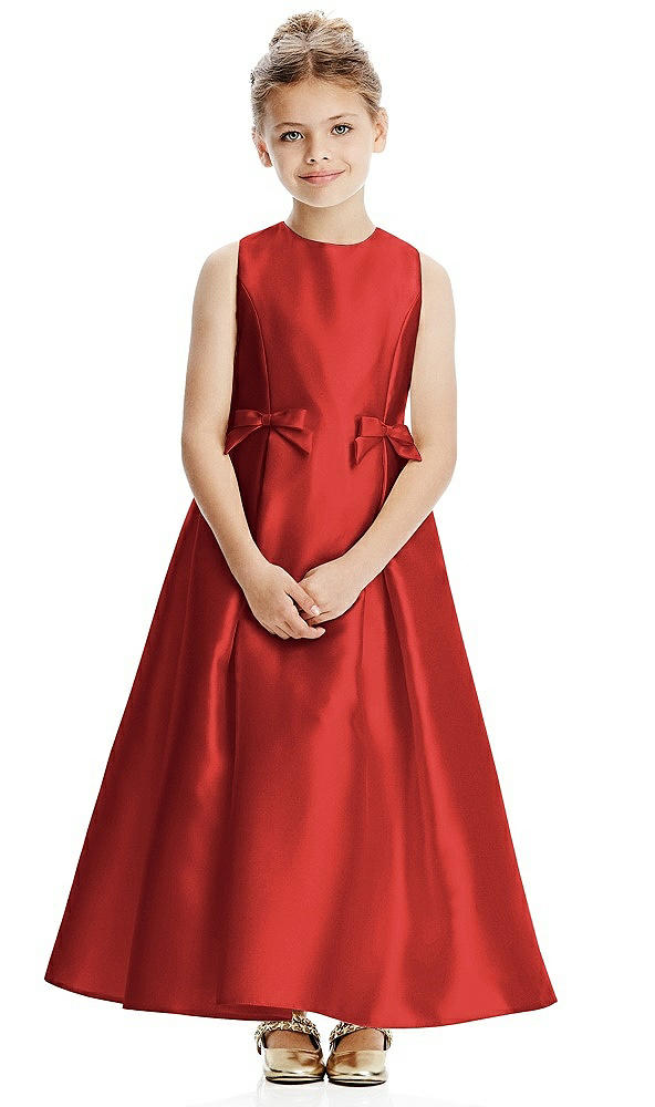 Front View - Poppy Red Princess Line Satin Twill Flower Girl Dress with Bows
