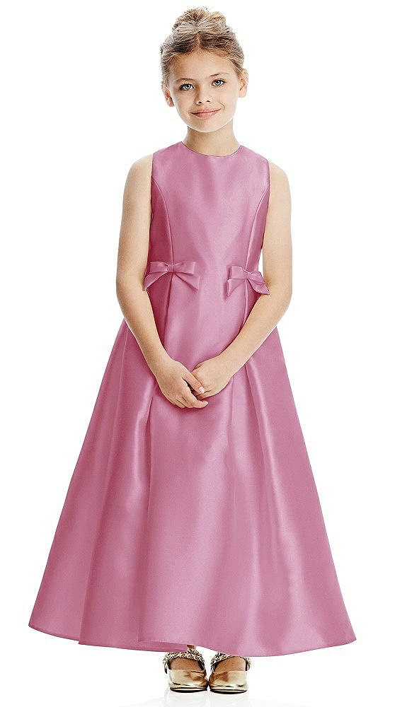 Front View - Powder Pink Princess Line Satin Twill Flower Girl Dress with Bows