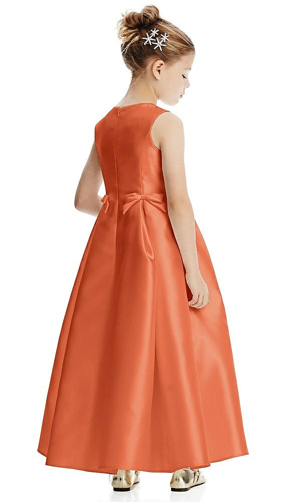 Back View - Portofino Orange Princess Line Satin Twill Flower Girl Dress with Bows
