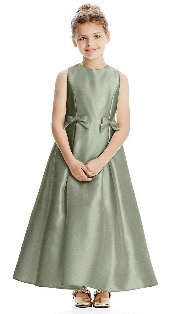 Front View - Sage Princess Line Satin Twill Flower Girl Dress with Bows