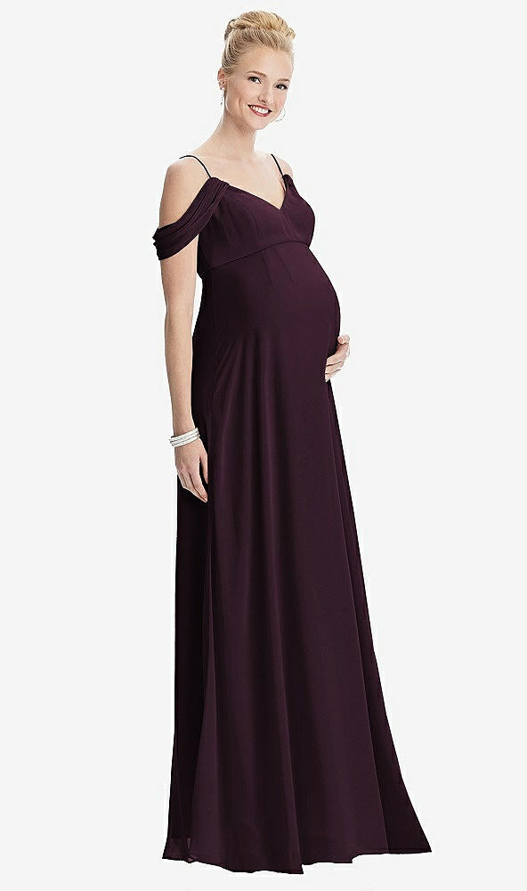 Front View - Deep Plum Draped Cold-Shoulder Chiffon Maternity Dress