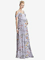 Front View Thumbnail - Butterfly Botanica Silver Dove Draped Cold-Shoulder Chiffon Maternity Dress