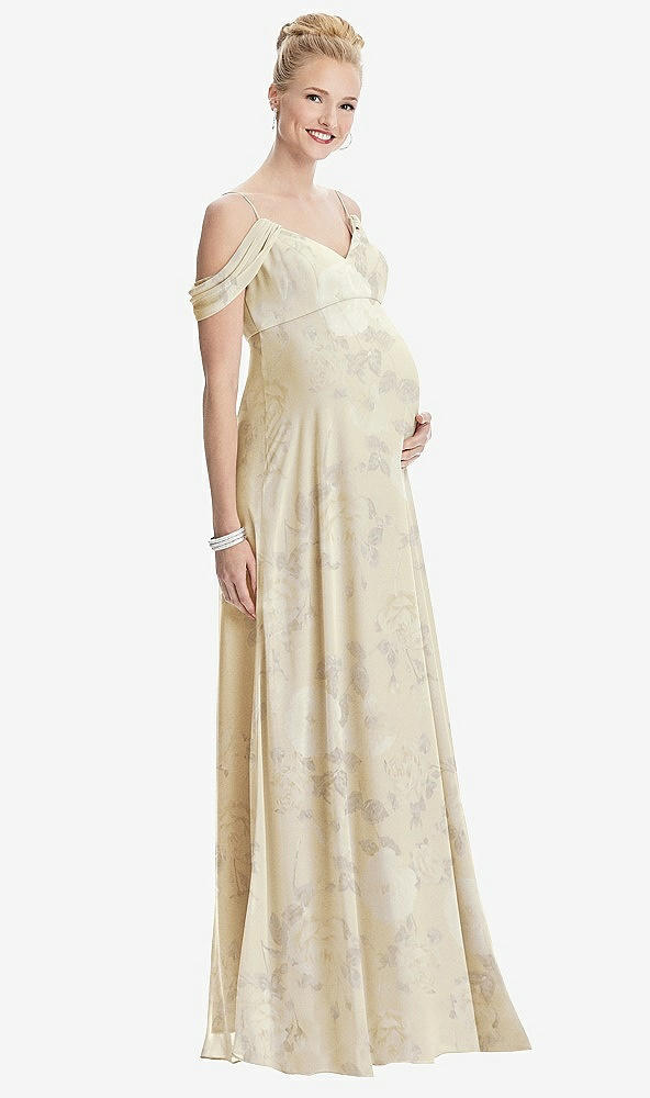 Front View - Butter Yellow Floral Draped Cold-Shoulder Chiffon Maternity Dress