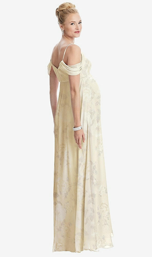 Back View - Butter Yellow Floral Draped Cold-Shoulder Chiffon Maternity Dress