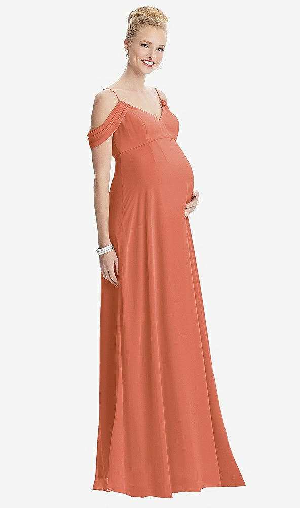 Front View - Terracotta Copper Draped Cold-Shoulder Chiffon Maternity Dress
