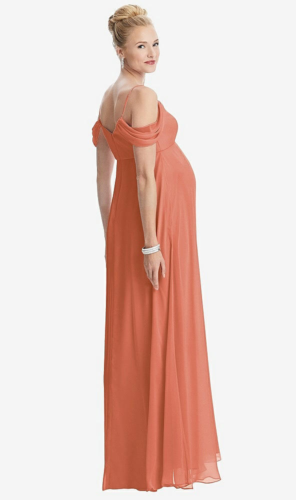 Back View - Terracotta Copper Draped Cold-Shoulder Chiffon Maternity Dress