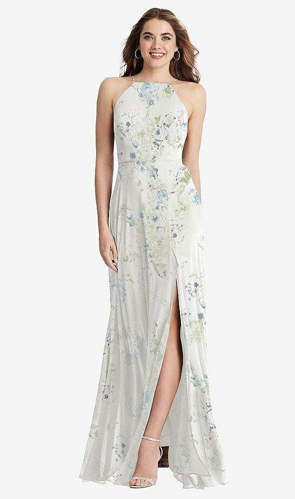 Front View - Bleu Garden High Neck Chiffon Maxi Dress with Front Slit - Lela