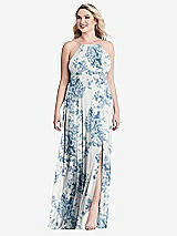Alt View 1 Thumbnail - Cottage Rose Dusk Blue High Neck Chiffon Maxi Dress with Front Slit - Lela