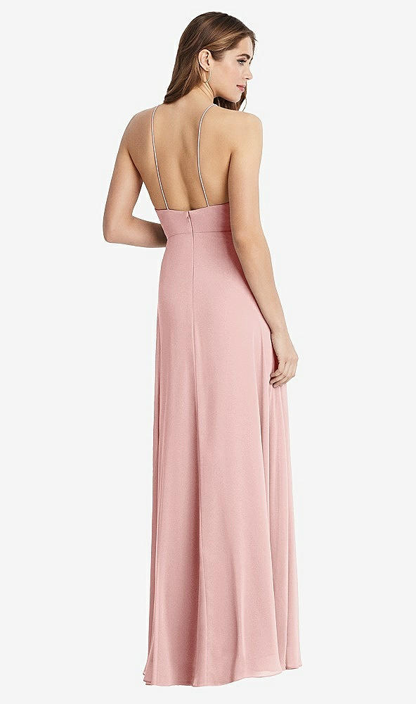 Back View - Rose High Neck Chiffon Maxi Dress with Front Slit - Lela