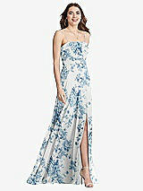 Front View Thumbnail - Cottage Rose Dusk Blue Square Neck Chiffon Maxi Dress with Front Slit - Elliott