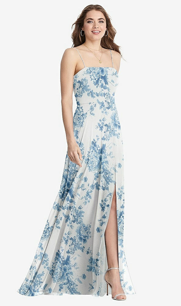Front View - Cottage Rose Dusk Blue Square Neck Chiffon Maxi Dress with Front Slit - Elliott