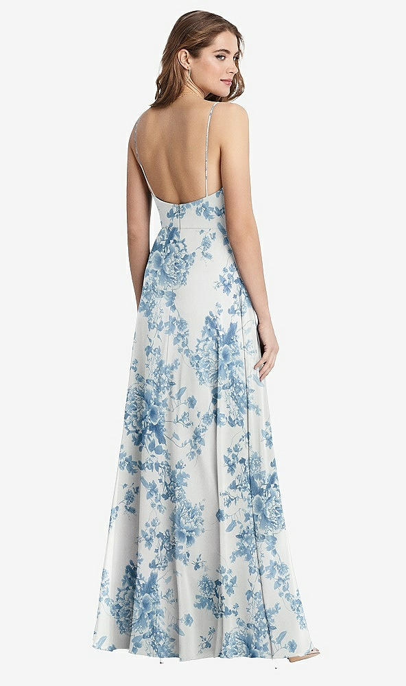 Back View - Cottage Rose Dusk Blue Square Neck Chiffon Maxi Dress with Front Slit - Elliott