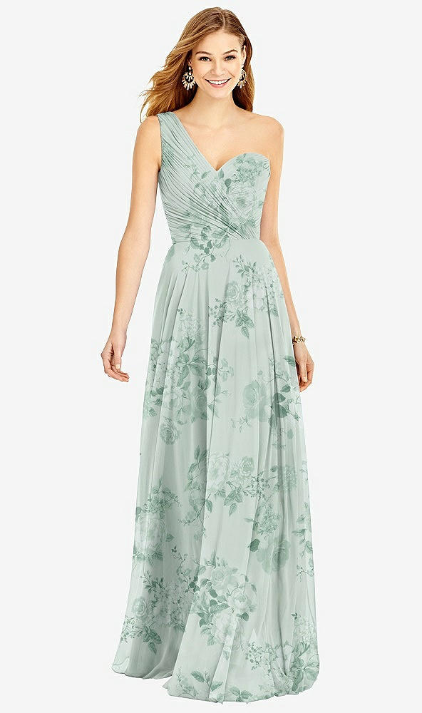 Front View - Mint Green Floral One-Shoulder Draped Chiffon Maxi Dress - Dani