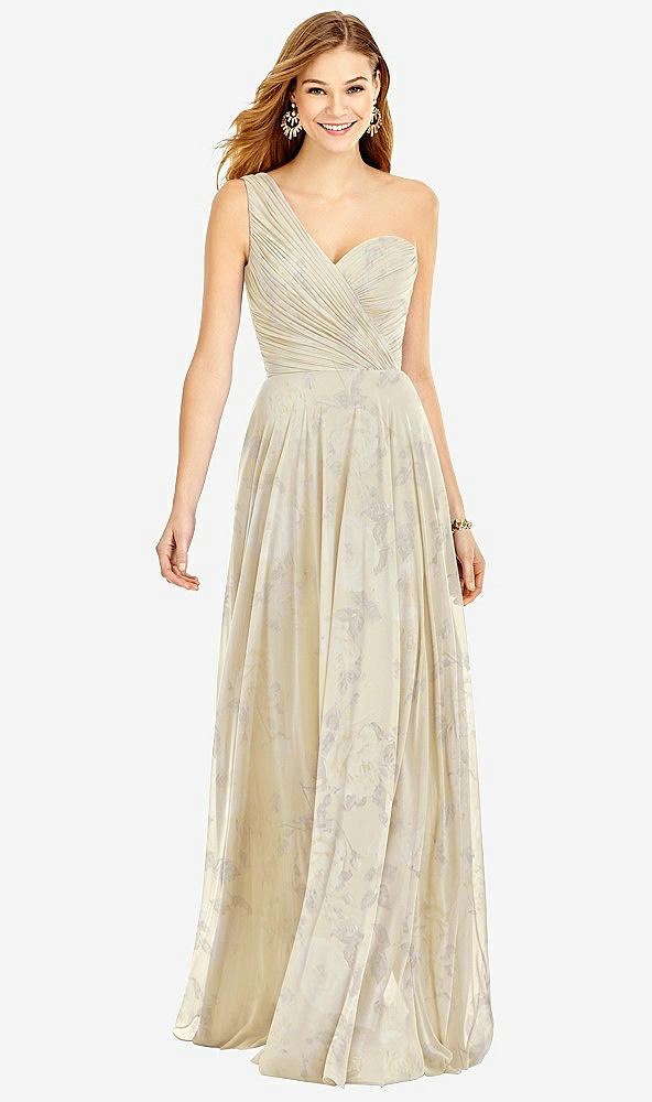 Front View - Butter Yellow Floral One-Shoulder Draped Chiffon Maxi Dress - Dani