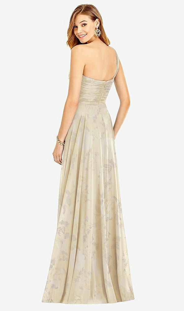 Back View - Butter Yellow Floral One-Shoulder Draped Chiffon Maxi Dress - Dani