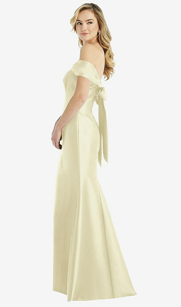 Front View - Butter Yellow Off-the-Shoulder Bow-Back Satin Trumpet Gown
