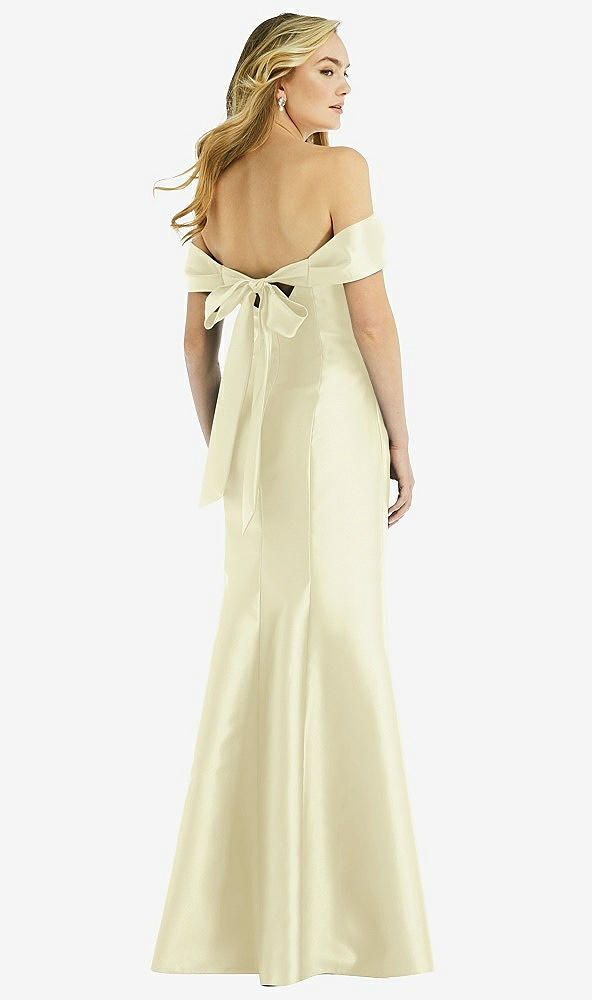 Back View - Butter Yellow Off-the-Shoulder Bow-Back Satin Trumpet Gown