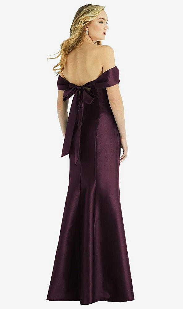Back View - Deep Plum Off-the-Shoulder Bow-Back Satin Trumpet Gown