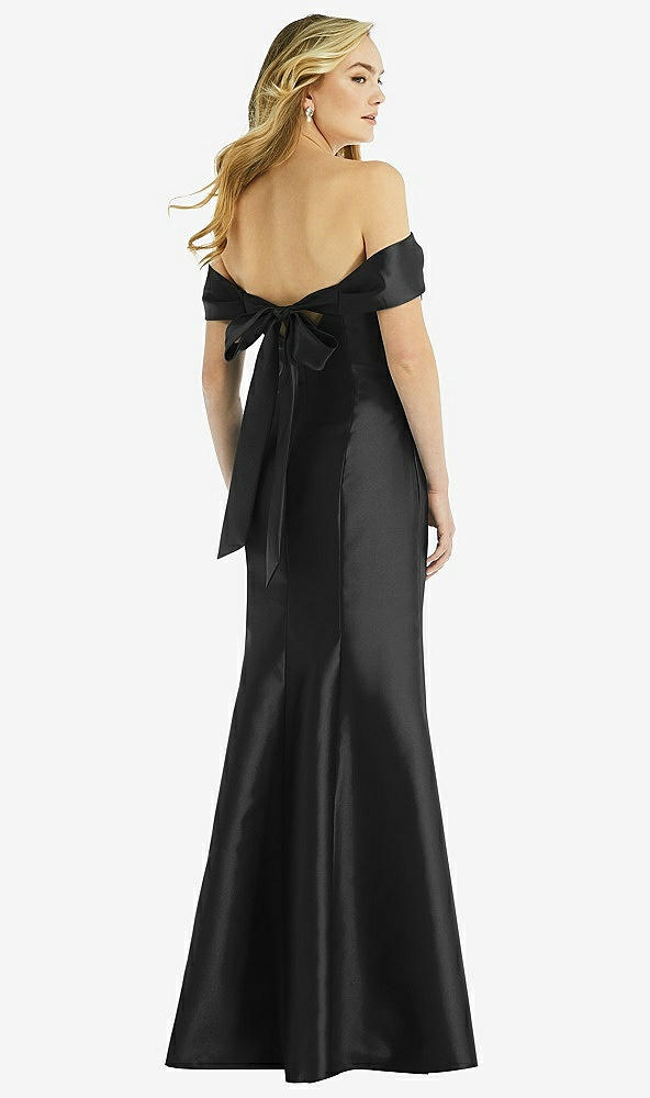 Back View - Black Off-the-Shoulder Bow-Back Satin Trumpet Gown