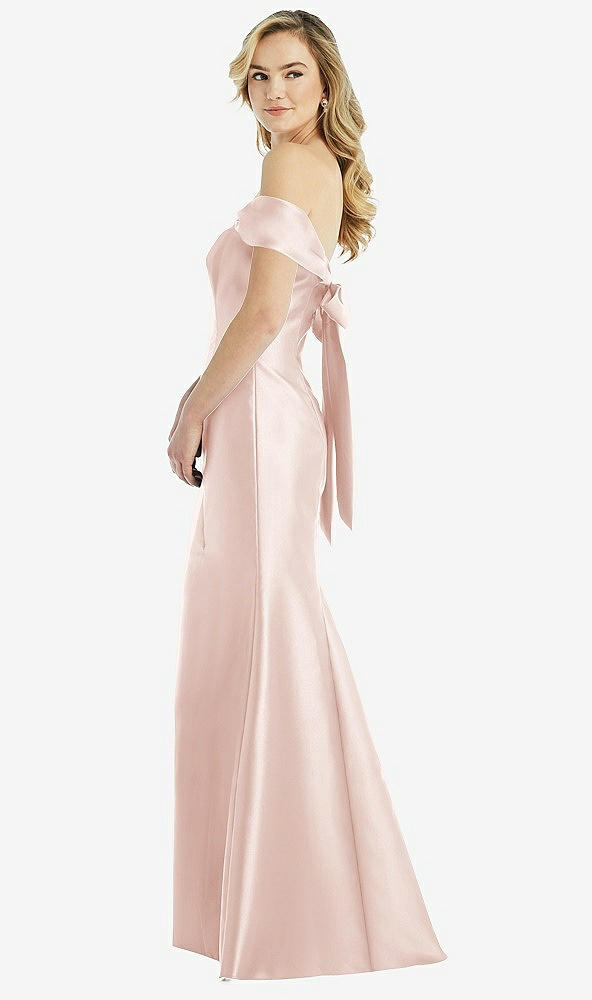 Front View - Blush Off-the-Shoulder Bow-Back Satin Trumpet Gown