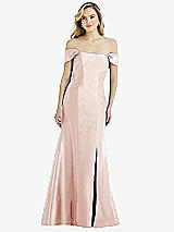 Side View Thumbnail - Blush Off-the-Shoulder Bow-Back Satin Trumpet Gown