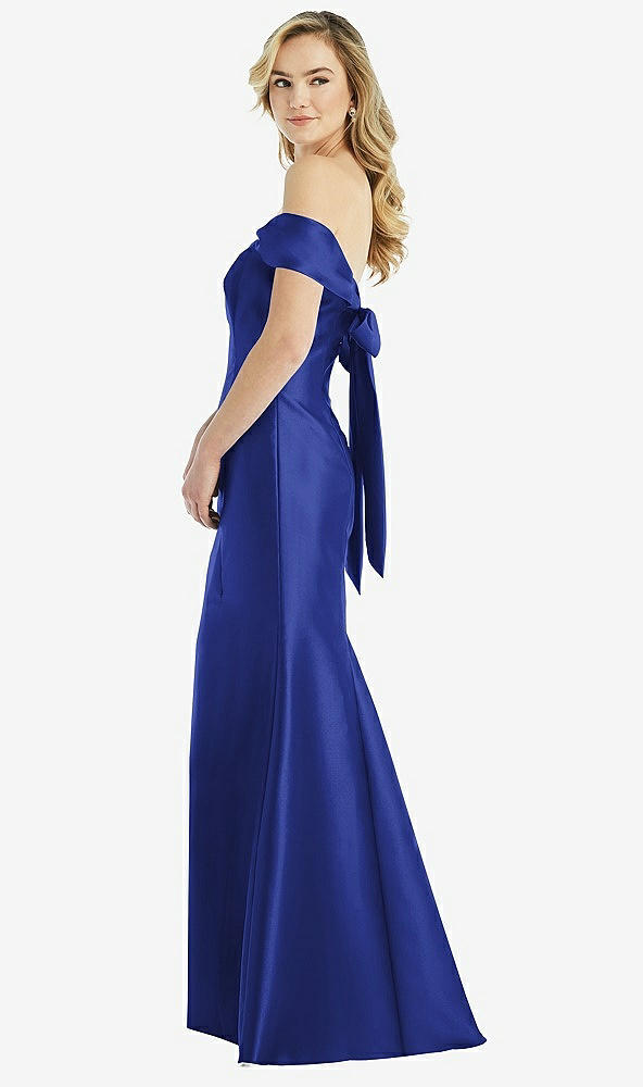 Front View - Cobalt Blue Off-the-Shoulder Bow-Back Satin Trumpet Gown