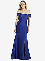 Side View Thumbnail - Cobalt Blue Off-the-Shoulder Bow-Back Satin Trumpet Gown